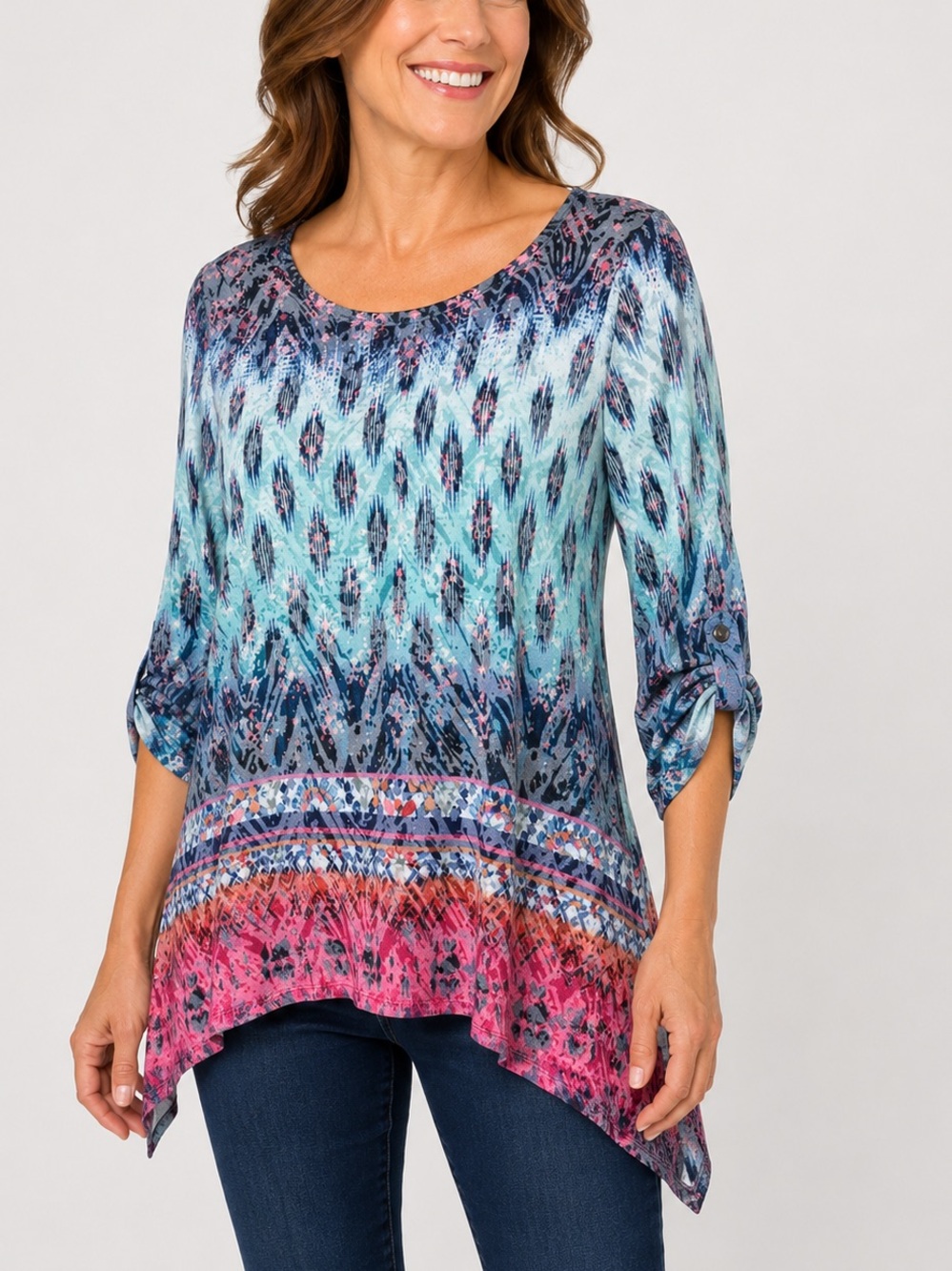 Chico’s Sz. 1 Abstract Ikat Print Top Blue Pink Aqua Roll Tab Sleeve Boho Medium